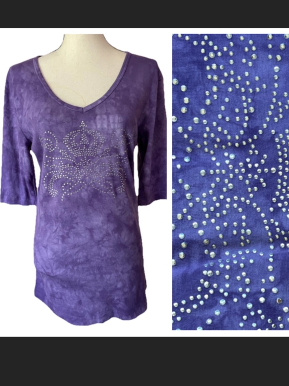 Sledge USA Purple Tie Dye 100% Cotton Tunic Top Metallic Crown Rhinestones Sz XL